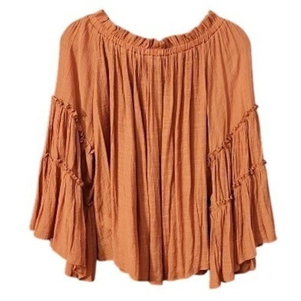 Flawless Blouse Women Burnt Orange Tiered Bell Sleeve Boho Top, M - Picture 5 of 8